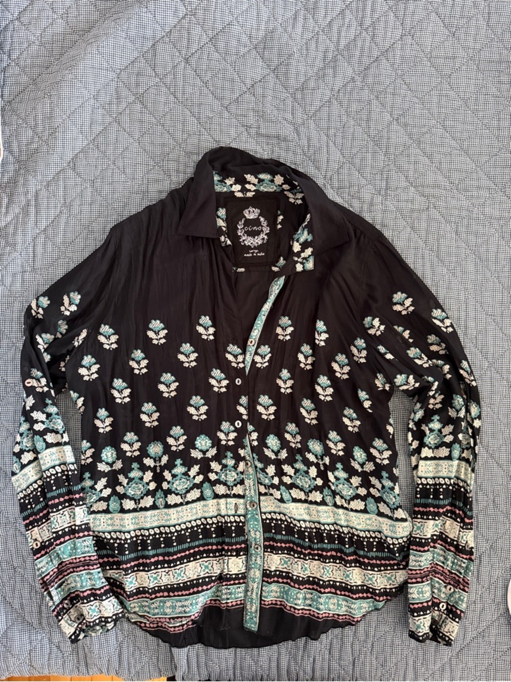 Cino L Black and turquoise Floral-Print Button Front Blouse - Women's